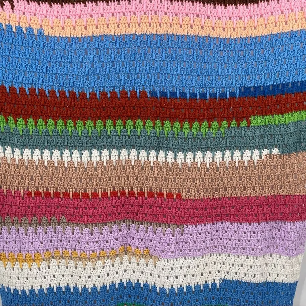VINTAGE Handmade Blanket Grandma Style Granny Knit Stripes Colorful Throw 60x82”
